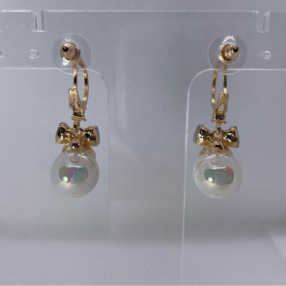 Opalescent Faux Pearl with Crystal Bow Earrings - Picture 7 of 7